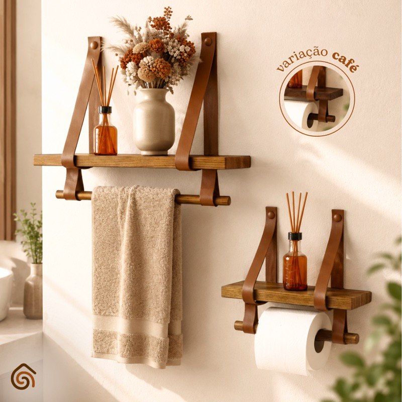Kit Prateleiras de Madeira e Alças de Couro para Banheiro com Verniz Decoração Rústica | Casa Madêco