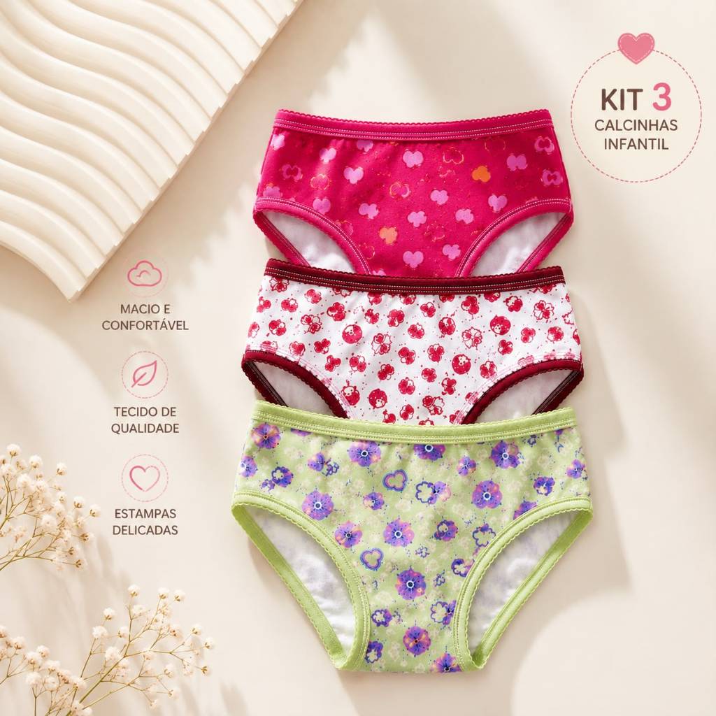 Kit Com 3 Calcinhas Infantis Femininas Estampadas Sortidas