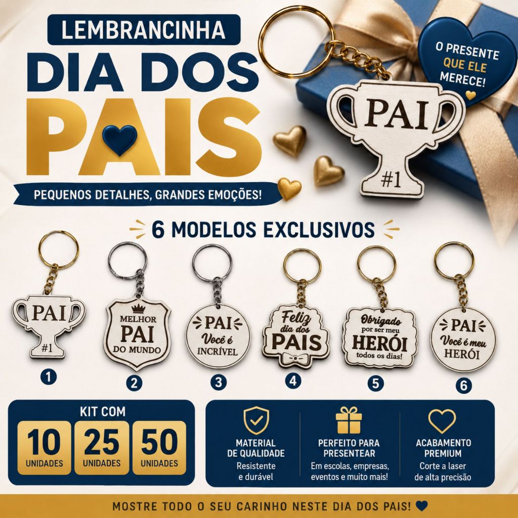 Chaveiro Dia dos Pais - Lembrancinha, Mimo, Presente - MDF Branco - KIT 10 25 50
