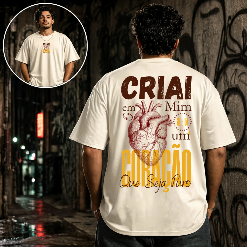 Camiseta Camisa Blusa Oversized Streetwear Masculina Feminino Estampa Cristã Gospel Coração Puro Premium Confortável