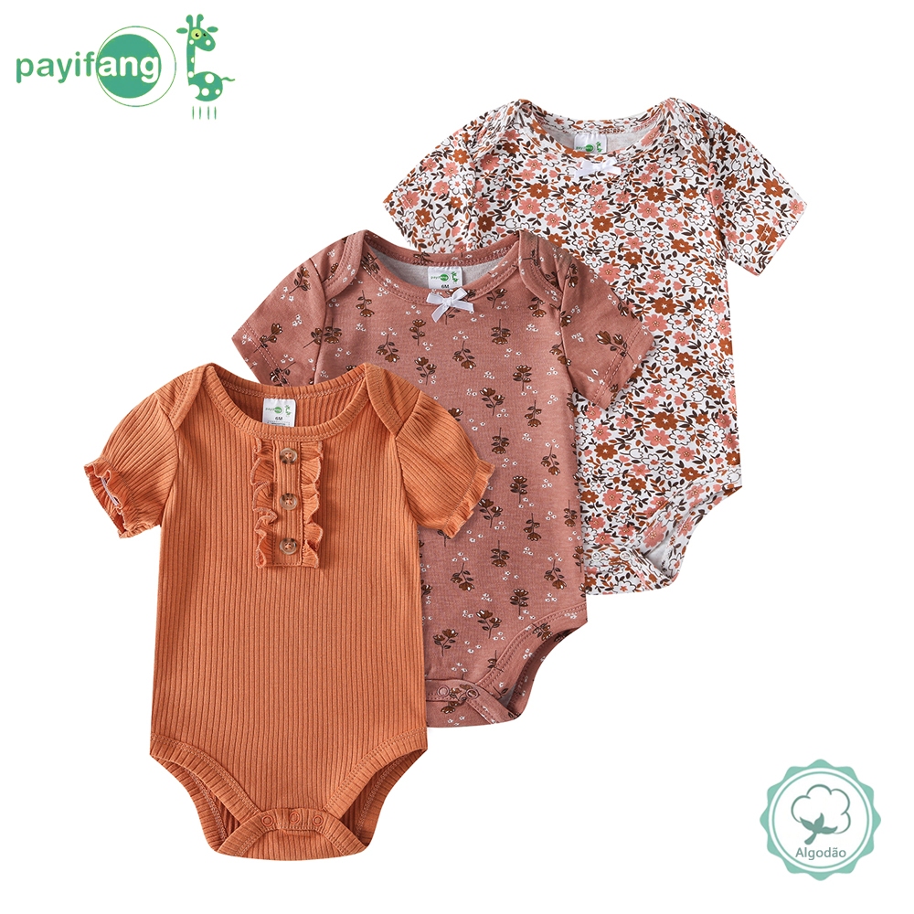 Kit 3 Body de Bebê Menina Manga Curta 100% Algodão Flores Terrosas Macio Uso Diário TM-3034