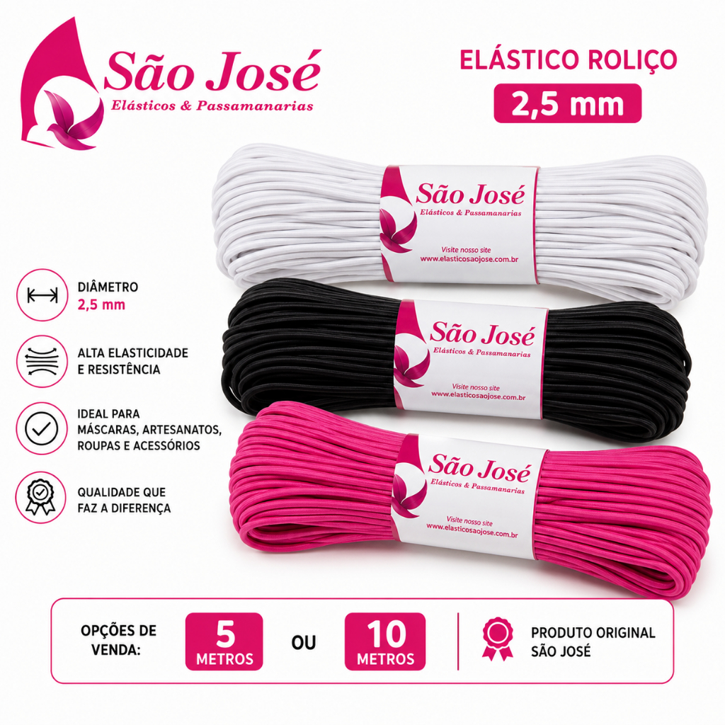 Elástico São José Colombe Roliço 10R Branco Preto e Coloridos (2,5mm) - Elástico Roliço