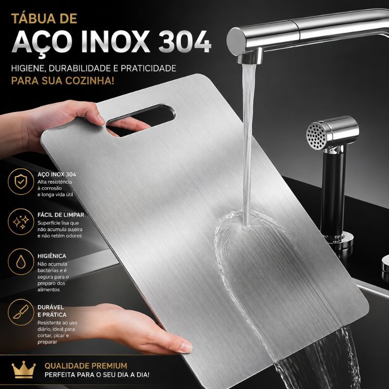 Tábua de Corte Aço Inox 304 Antibacteriana Antimofo Fácil de Limpar Cozinha P ou G Premium