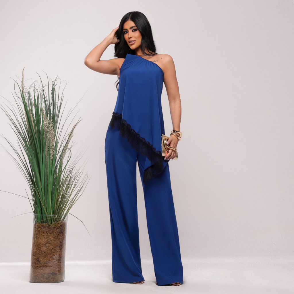 Conjunto Feminino Com Calca Elegante Pantalona Ombro Só Nula Manga Crepe Alfaiataria Com Renda Festa Social