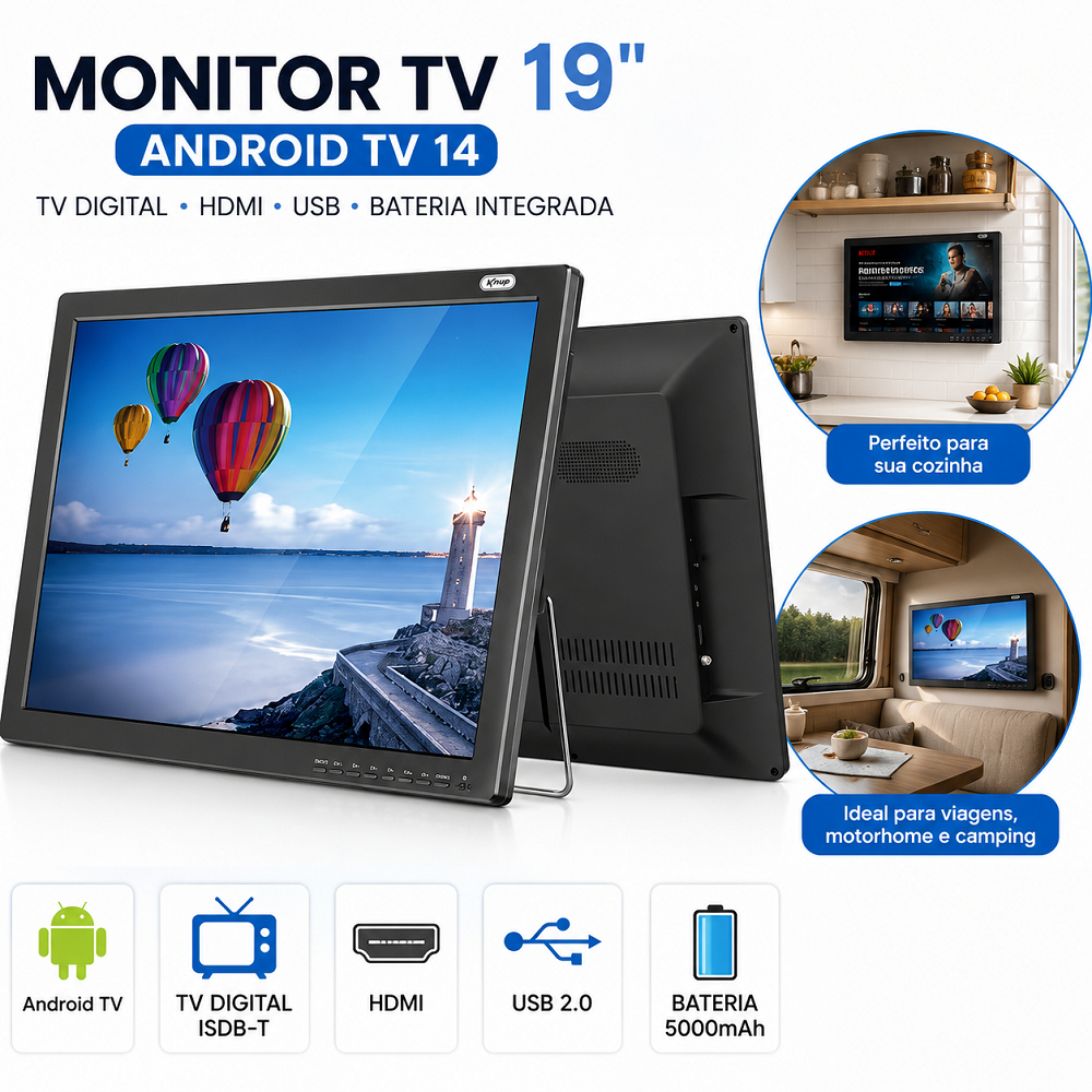 Monitor TV LCD 19" Android TV Versão 14 Digital ISDB-T HDMI USB Bateria 5000mAh Controle Remoto Portátil