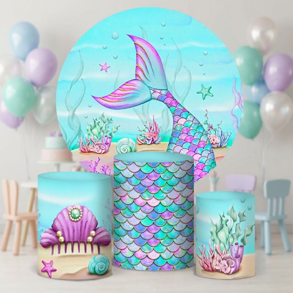 Capa De Cilindro + Painel Redondo Sereia Decoração Festa Infantil Sublimado Em Tecido Veste Fácil