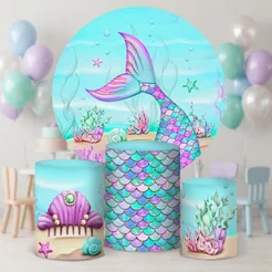 Capa De Cilindro + Painel Redondo Sereia Decoração Festa Infantil Sublimado Em Tecido Veste Fácil