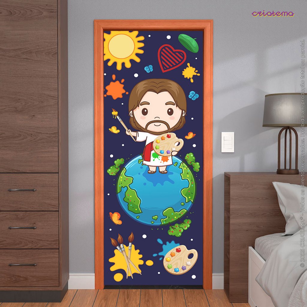 Capa de Porta Religiosa 0,80x2,10m Decoração Infantil Cristã Veste Porta Em Tecido Sublimado