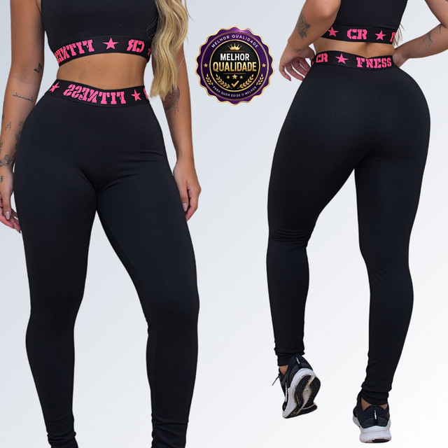 Calça Legging Academia Elastico Exposto Cintura Alta Feminina