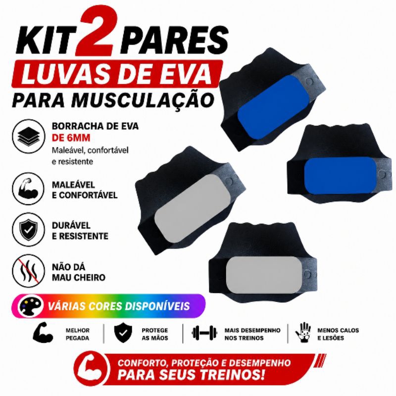 KIT 2 PARES DE LUVAS EVA para musculação/academia/protetor palmar. várias cores disponíveis.
