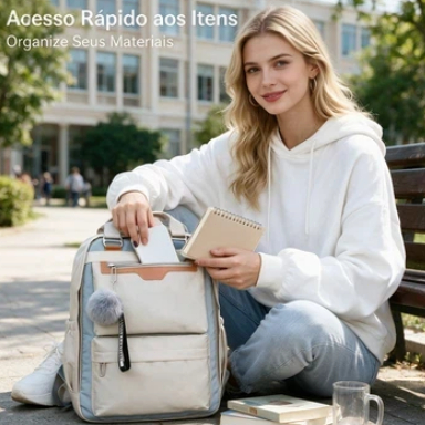 Mochila Bolsa Feminina em Poliéster Resistente, Mochila Casual Espaçosa para Escola, Universidade e Viagem Cor Bege