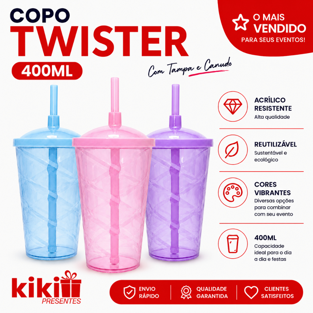 5 à 20 Copos Twister 400ml, Para Festas, Coloridos Com Tampa E Canudo coloridos, Copos Plásticos.