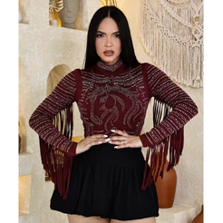 Body Boiadeira com Aplicação de Strass Cavalo Manga Longa Com Franja Suplex Moda Country
