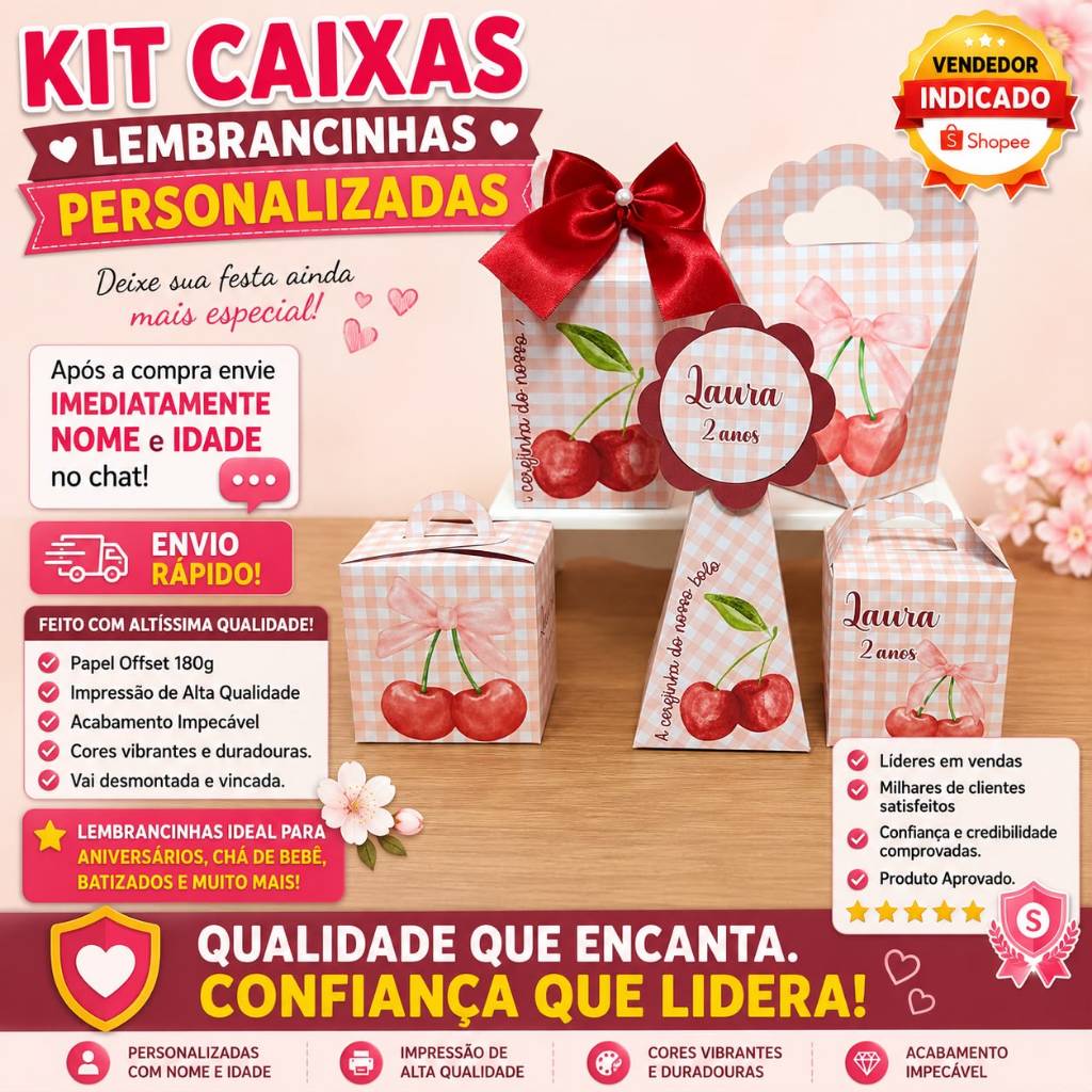 Kit 50 Caixinha Personalizadas Cerejinha Lembrancinha de Aniversário Festa Infantil Luxo Pegue e Monte