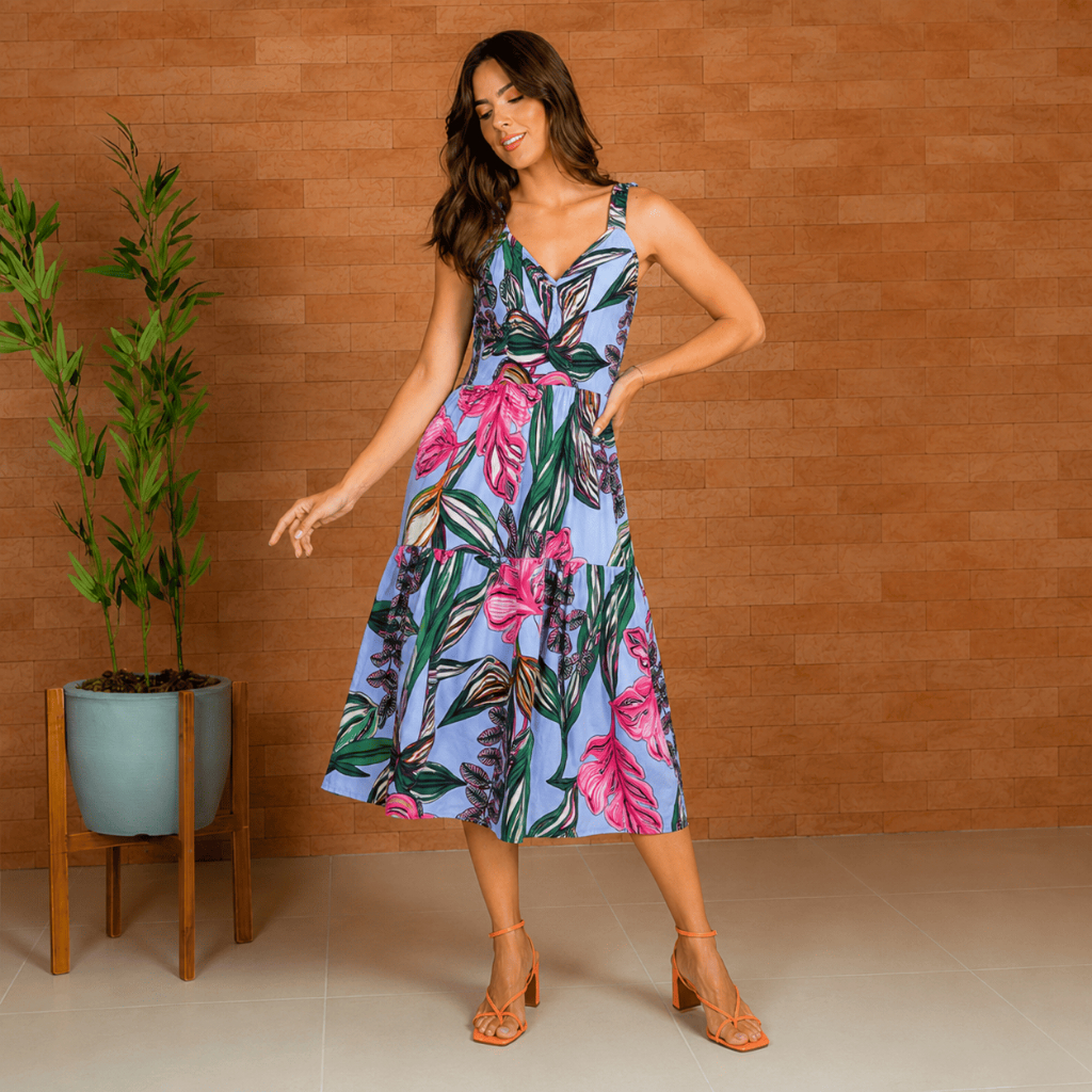 Vestido Viscose Estampado Alça Elástico Lastex Costa