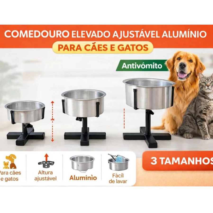 Comedouro Ajustável Elevado Para Cachorro e Gato Suporte Regulável Antivômito 3 Alturas