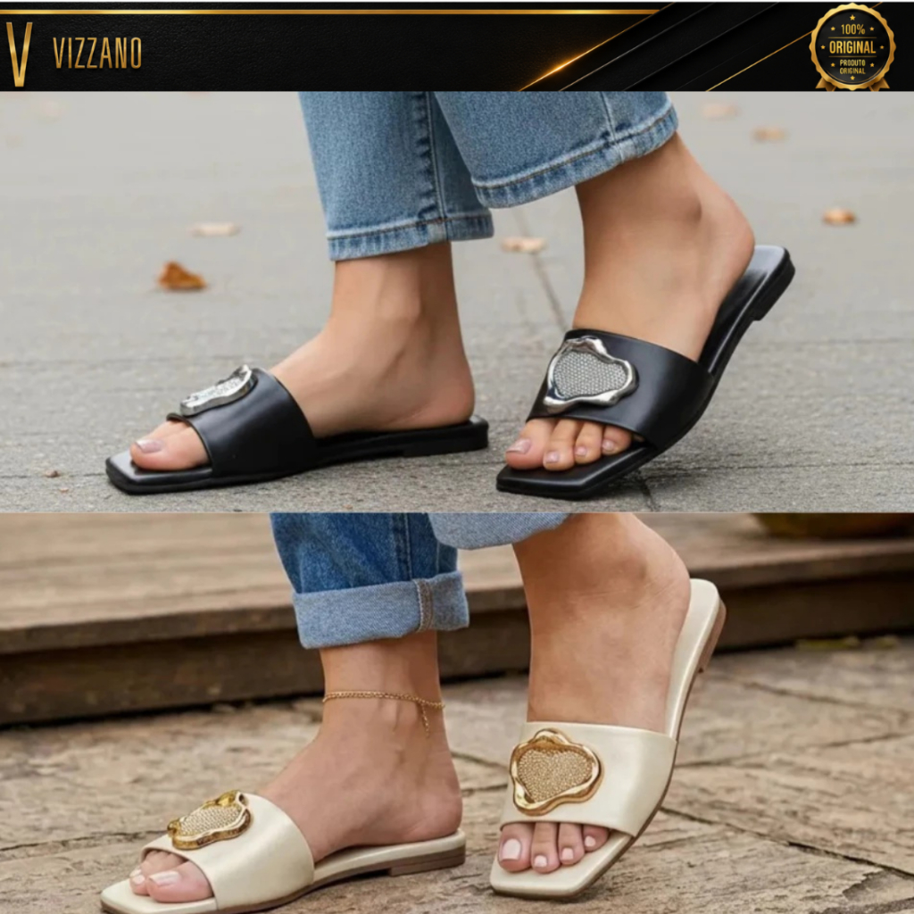 Rasteirinha Vizzano Feminino Sandália Casual Slide Moderno Confortável Detalhe Dourado Original