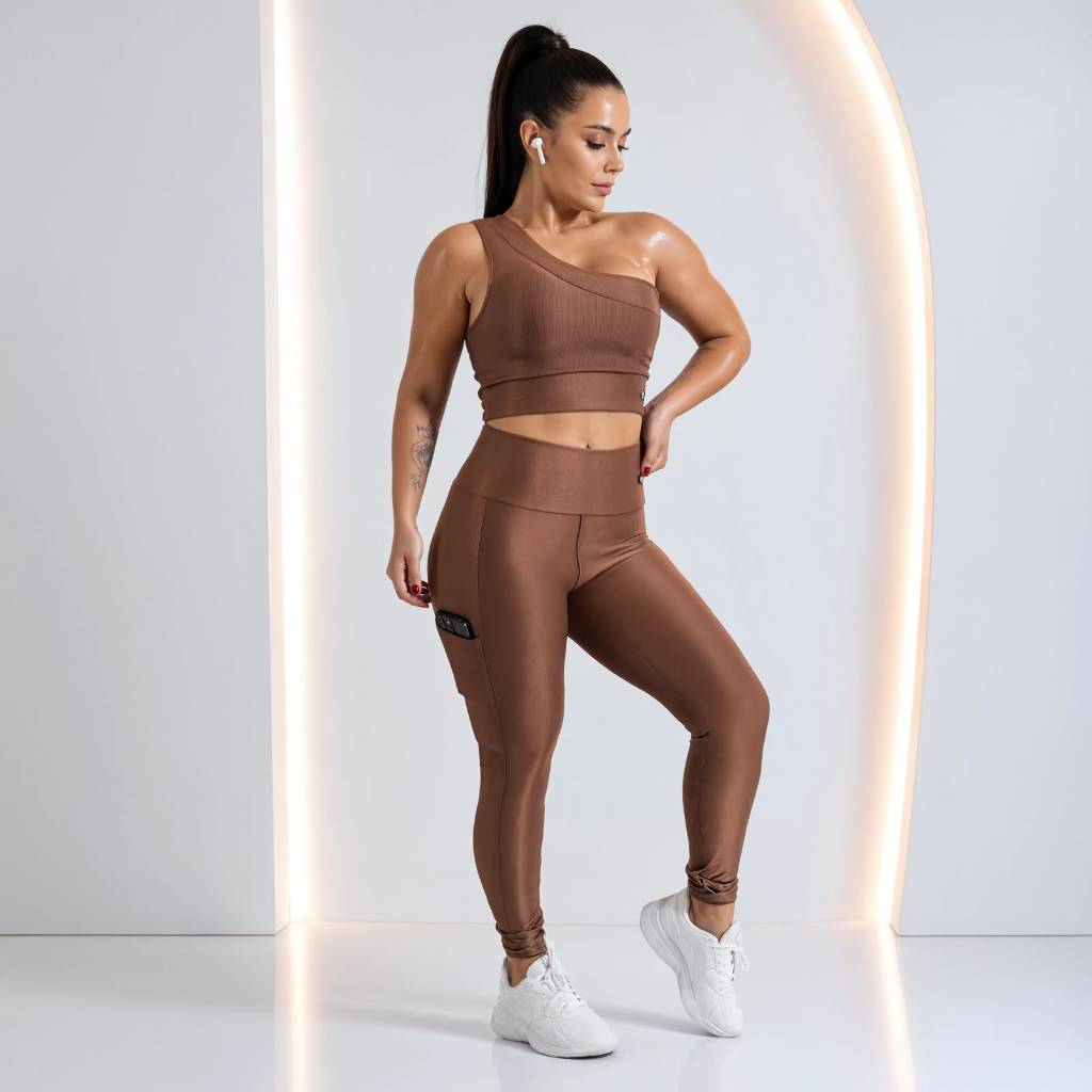 Conjunto Fitness Academia Feminino Premium Canelado Top Alta Sustentação Zero Transparência com bolso