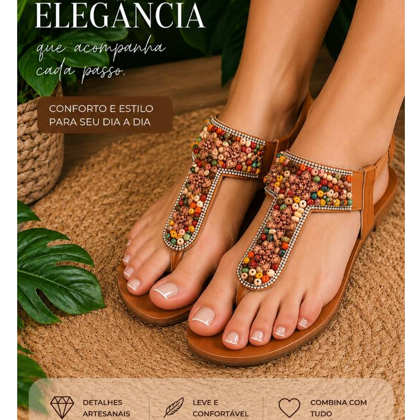 Sandália Rasteira Feminina Pedrarias e Miçangas | Confortável | Casual Elegante