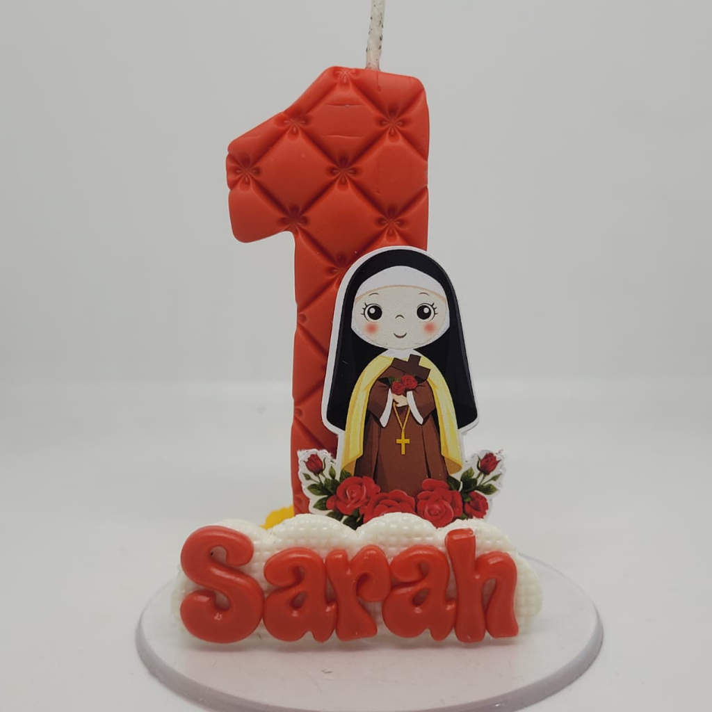 VELA PERSONALIZADA TEMA SANTA TEREZINHA BABY VELA DE BISCUIT PARA FESTA DE ANIVERSARIO