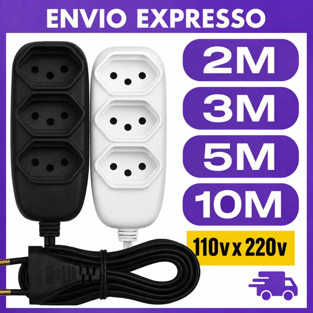 Extensão Elétrica 2 Pinos Cabo Paralelo 2M 3M 5M 10M Bivolt 127V 220V Uso Doméstico