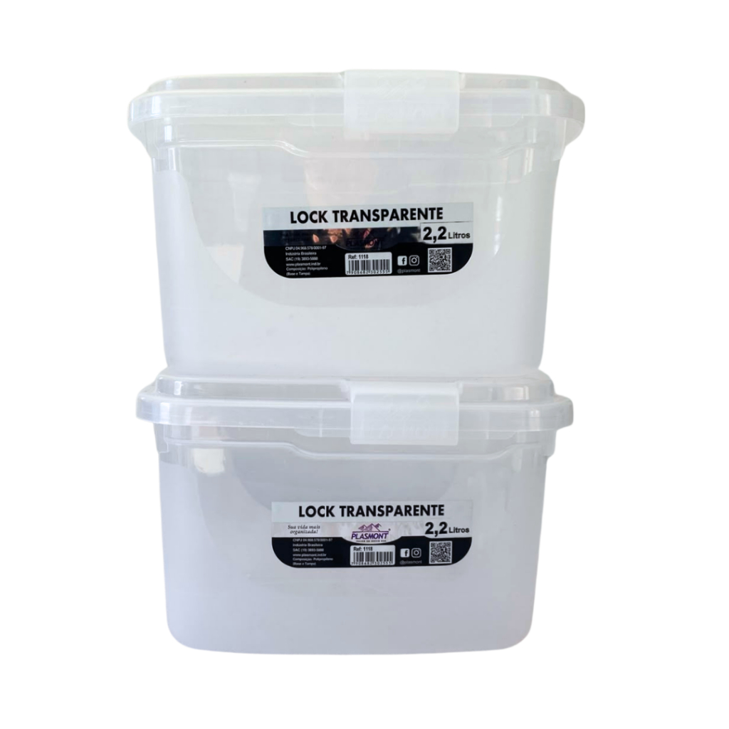 Kit 2 Potes Retangular Herméticos com Trava 2,2L Transparente BPA Free Plástico Resistente para Alimentos e Organização