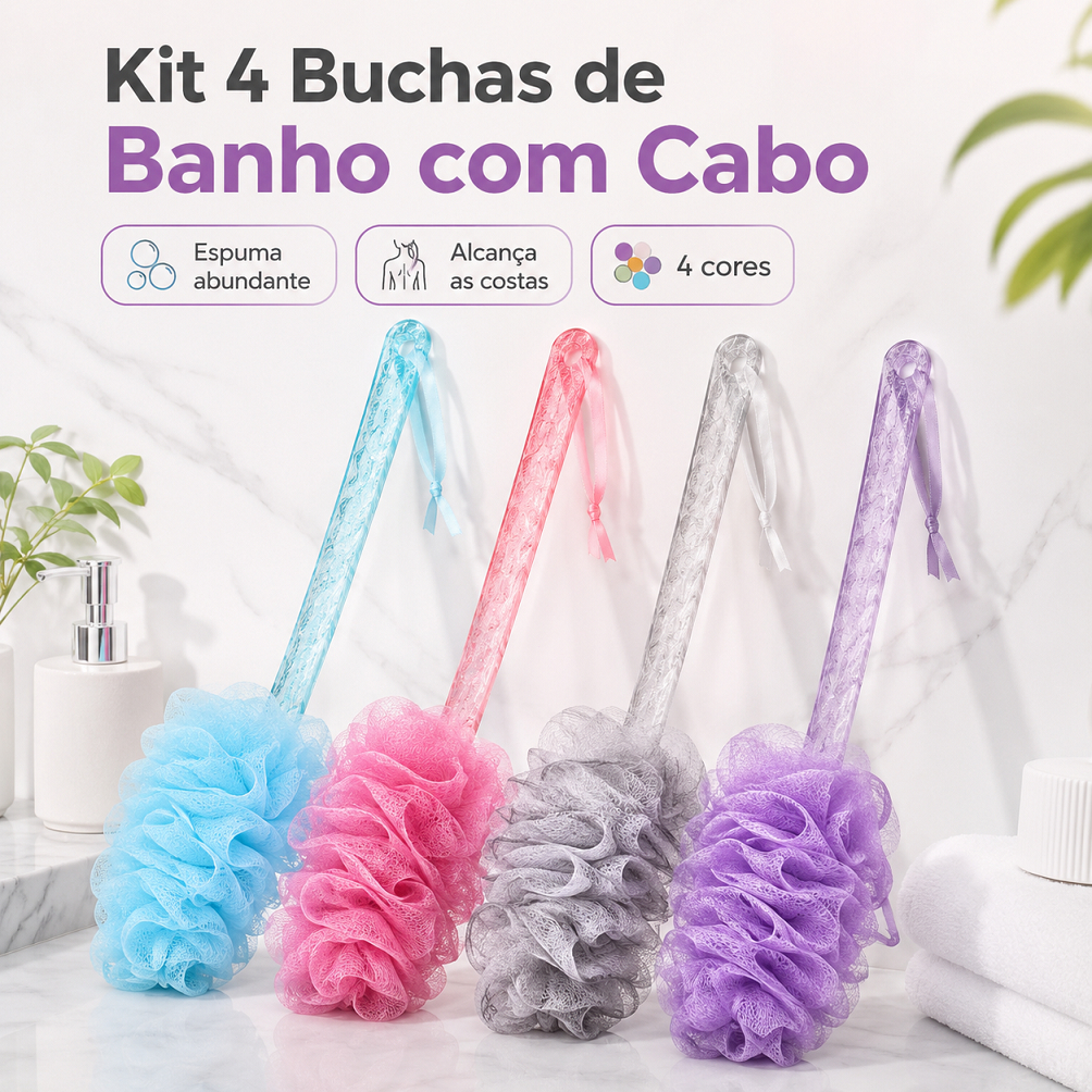 Bucha de Banho com Cabo Longo Esponja Corporal Macia para Lavar as Costas Esfoliante 4 Cores
