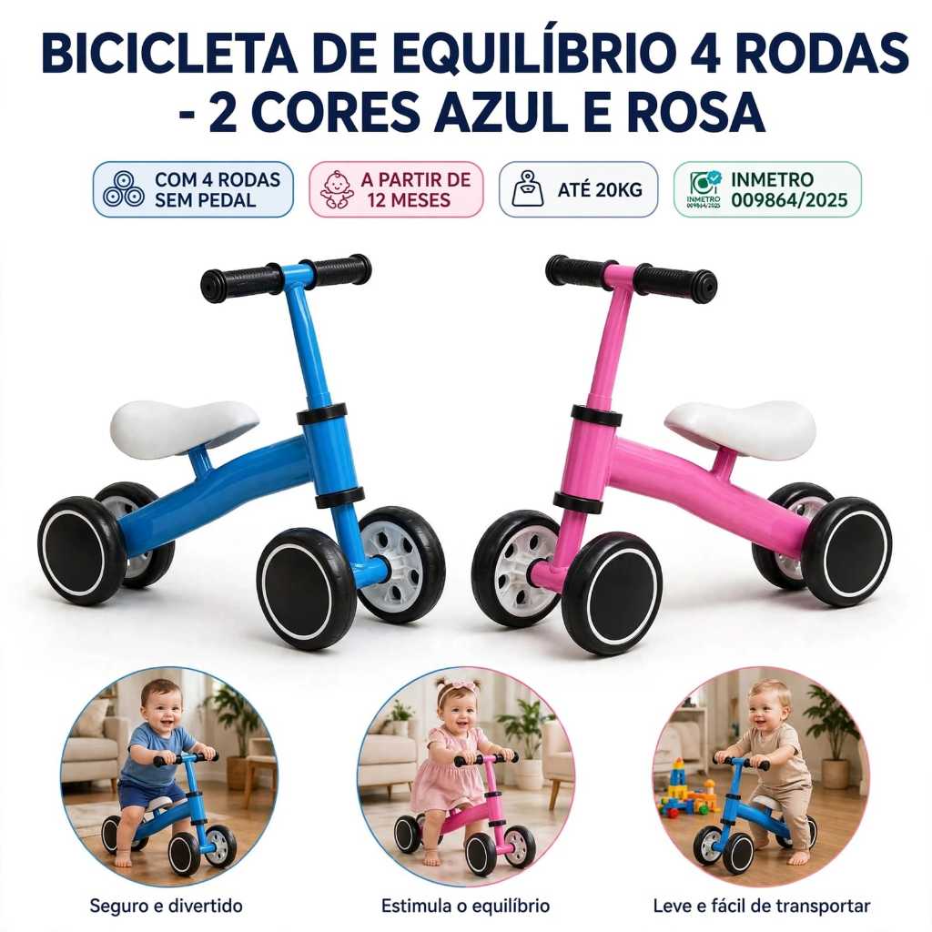 Bicicleta Infantil Equilíbrio Balance Bike Sem Pedal Bebê 1 Ano Desenvolvimento Coordenação Motora Rosa AzulMENINOMENINA