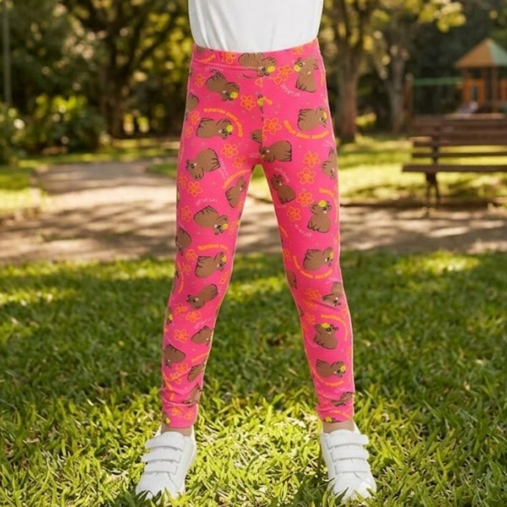 Legging Infantil Menina Sortidas Estampada Pink Cintura Elástica Confortável Roupa Juvenil Moda Casual Dia a Dia Verão