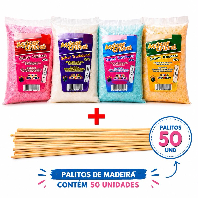 kit 4unidade Açúcar Sabaroziado 500g + 50unidade Palito Para Algodão Doce ~ Eventos ~ Culinária ~ Drinks