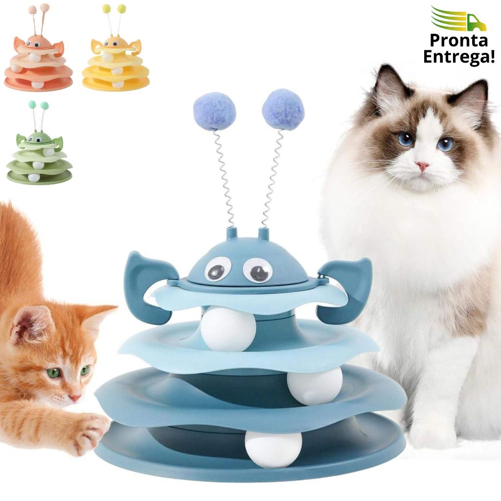 Brinquedo Interativo para Gatos Torre Anteninhas Pompom Bolinhas Níveis Pets Abelhinha com Mola
