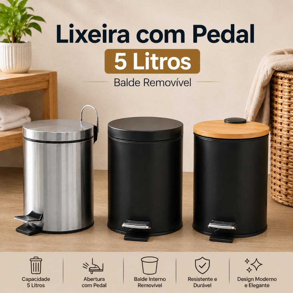Lixeira 5 Litros com Pedal Tampa Balde Removível Redonda Inox Preta Bambu Banheiro Cozinha e Escritório