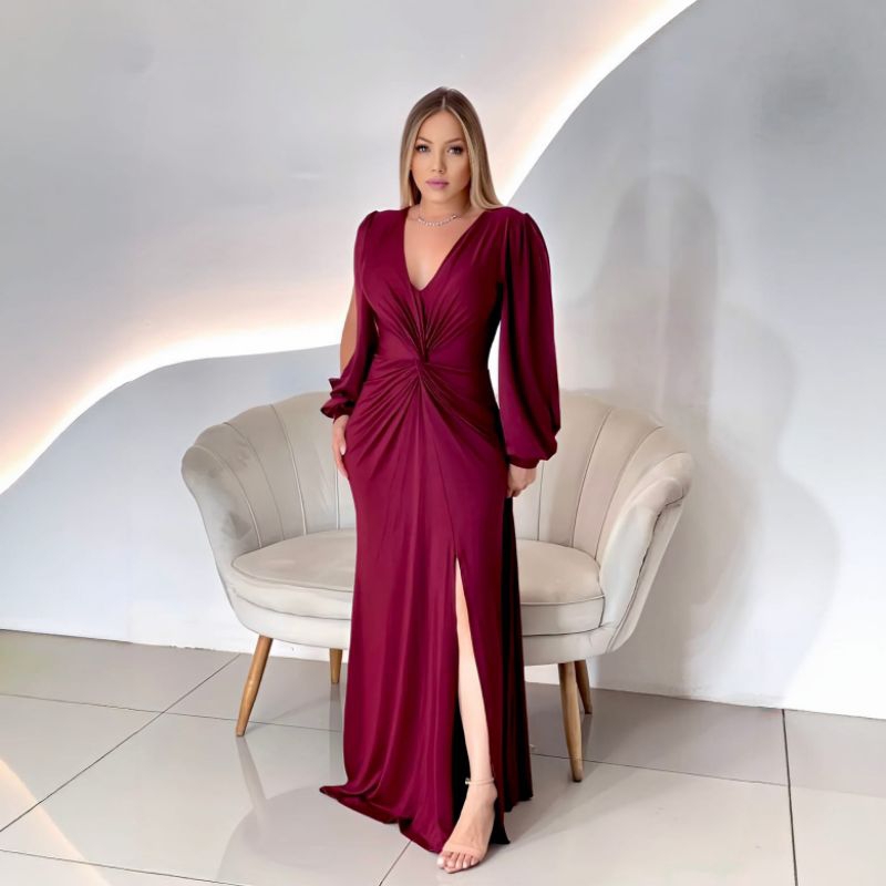 Vestido longo Manga Longa com fenda nozinho elegante madrinha festa formatura casamento madrinha convidada