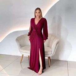 Vestido longo Manga Longa com fenda nozinho elegante madrinha festa formatura casamento madrinha convidada