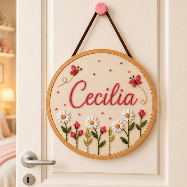 Porta Maternidade Personalizada Nome Floral MDF Não é Bordado e sim....Efeito Bordado