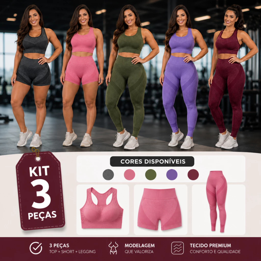 Kit 3 Peças Conjunto Fitness Feminino Top + Short + Legging Cintura Alta Empina Bumbum Zero Transparência — imagem 1