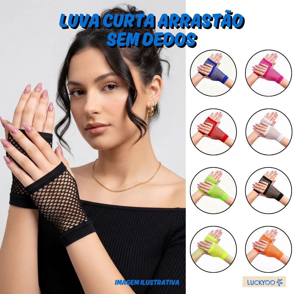 Luva Curta Arrastão Sem Dedos Malha Adulto Anos 80 Festivais Neon Colorida Elasticidade Carnaval Festa Cosplay Fantasia