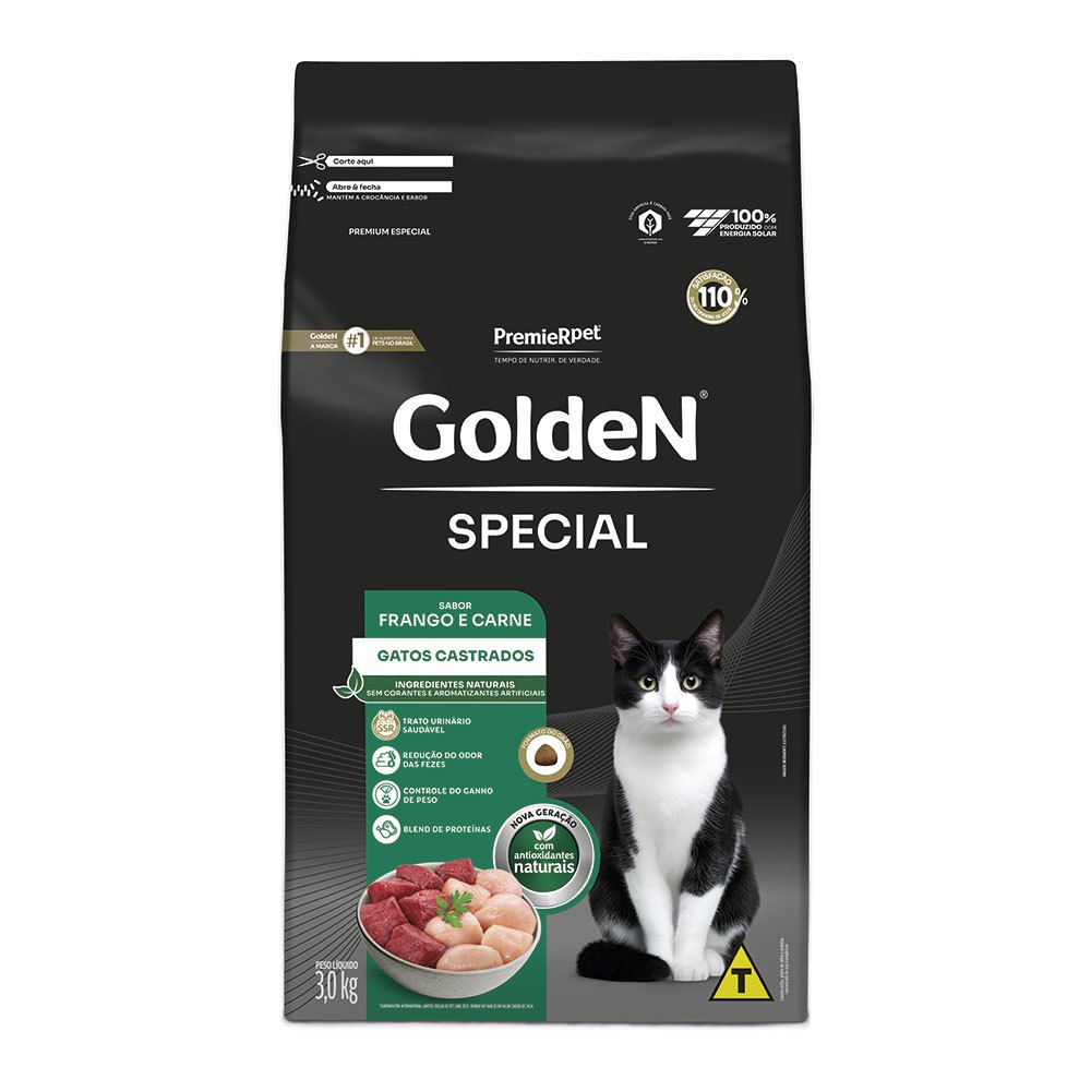 Ração Golden Special Gatos Adultos Castrados Frango e Carne 3kg