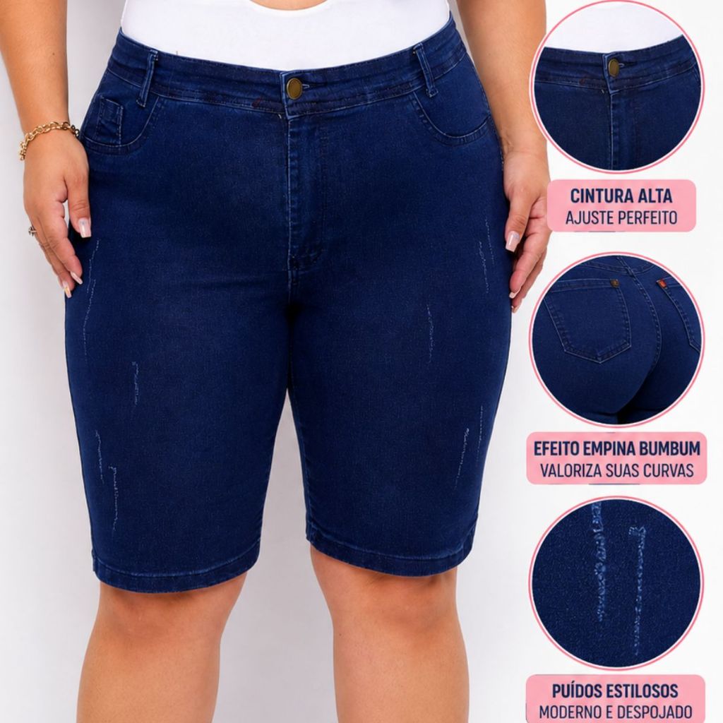 Shorts Jeans Feminina Bermuda Ciclista Plus Size Empina Bumbum Com Cos Alto Elastano Lycra