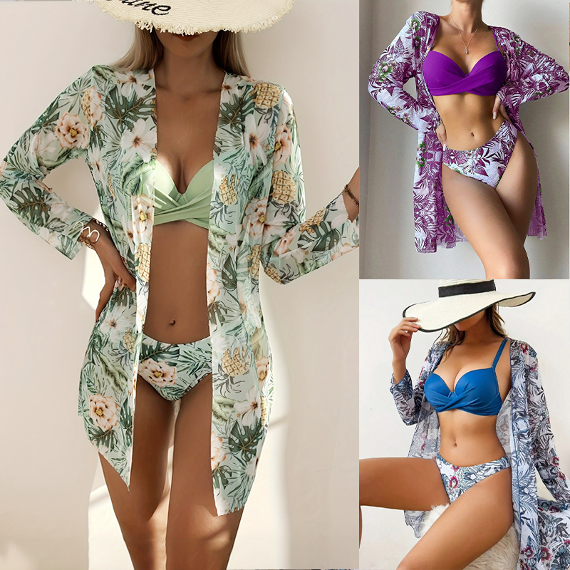 Biquíni Feminino Impresso Maiô Conjunto De Saída De Praia Com Quimono Floral E Biquíni
