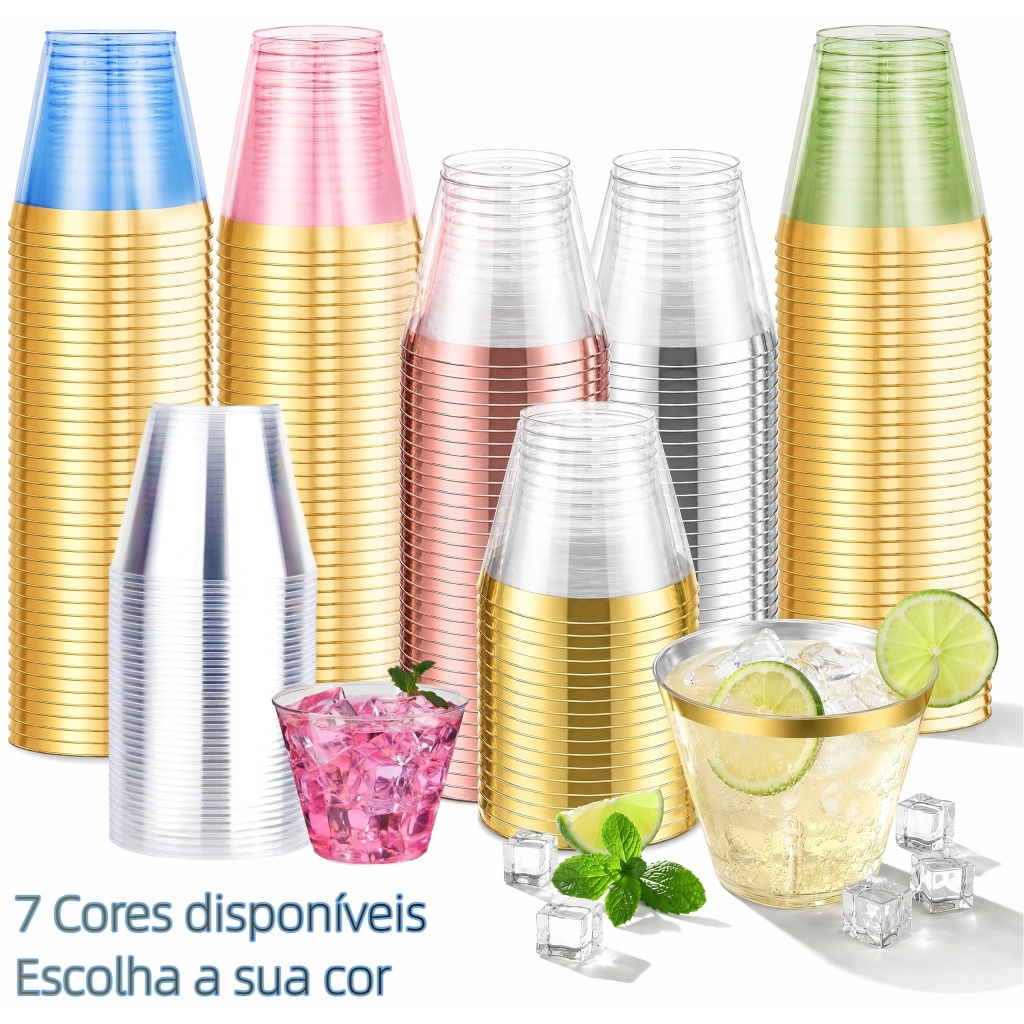 Copos 270ml descartáveis de plástico coloridos e resistentes para festas, casamento e aniversário