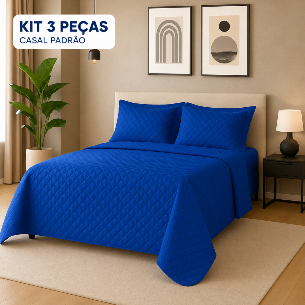 Kit Cobre Leito Colcha Casal Padrão 3 Peças Matelado com 2 Porta-Travesseiros