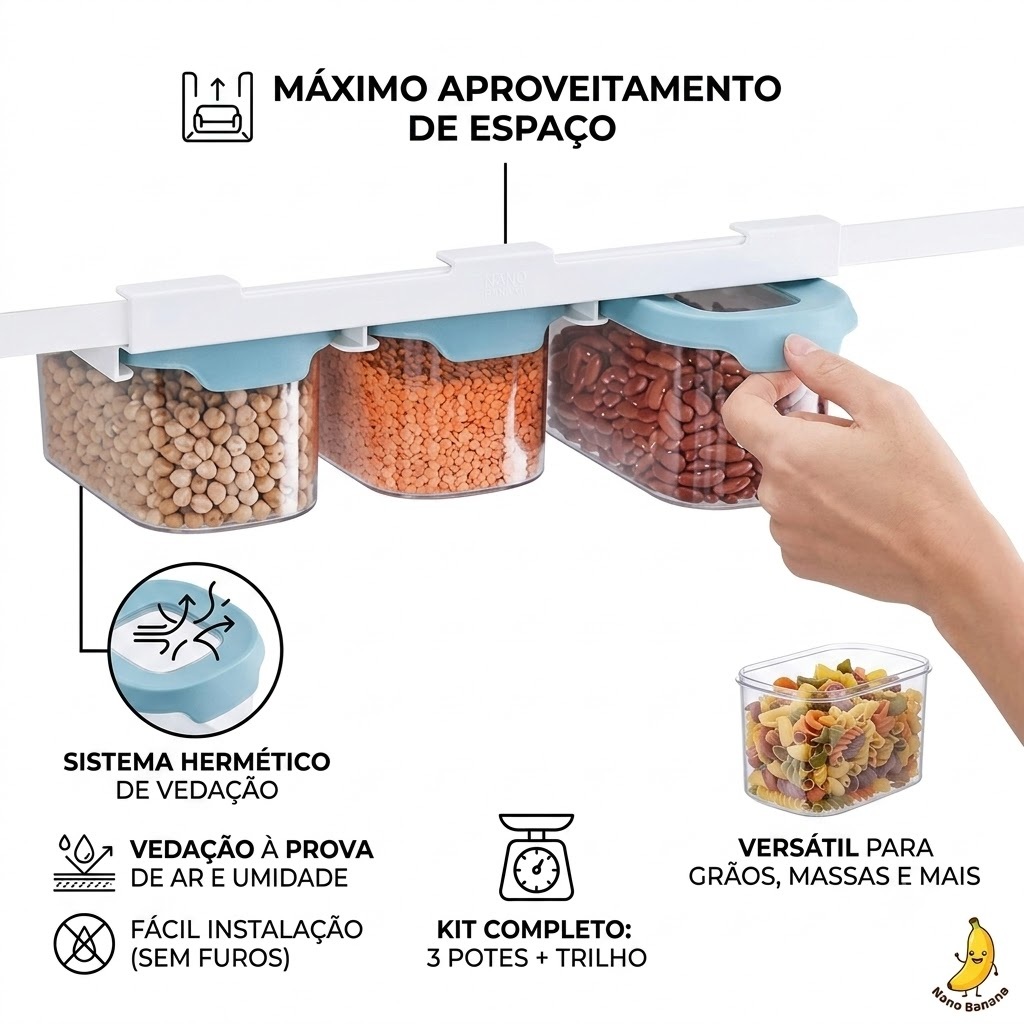 Conjunto 3 Potes Herméticos 900ml Suporte Suspenso Armário Organizador Mantimentos Cozinha Transparente