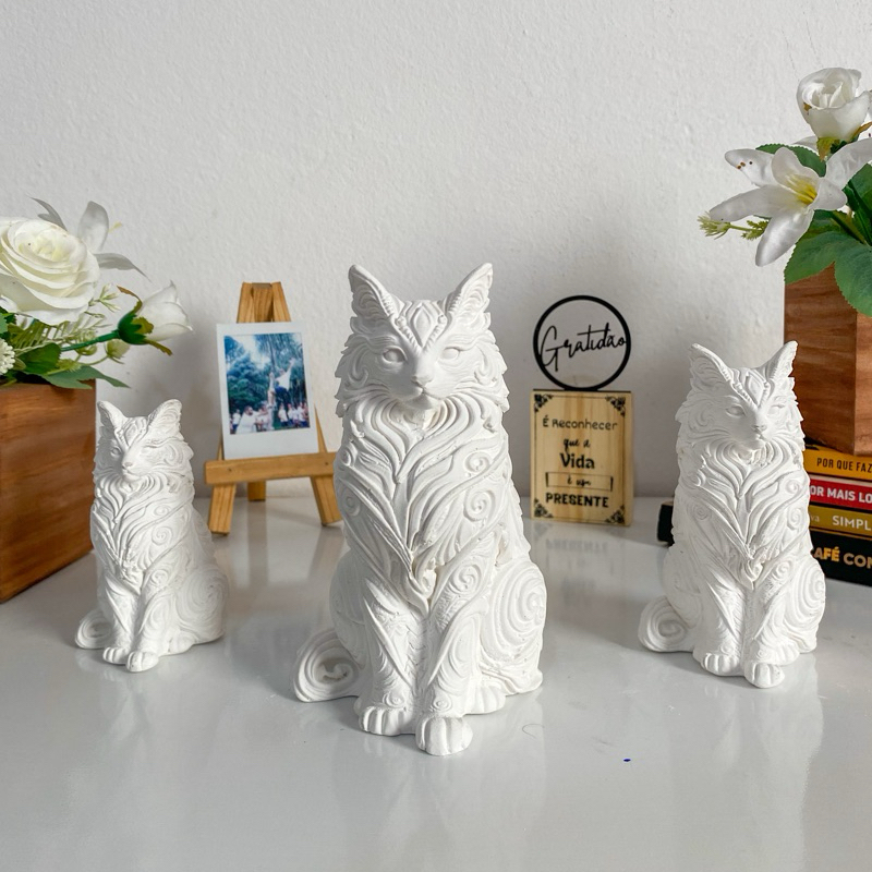 Kit Gatos Decorativos 3 Peças Em Gesso Cru Texturizado Para Pintura Decoração Sala Quarto Escritório
