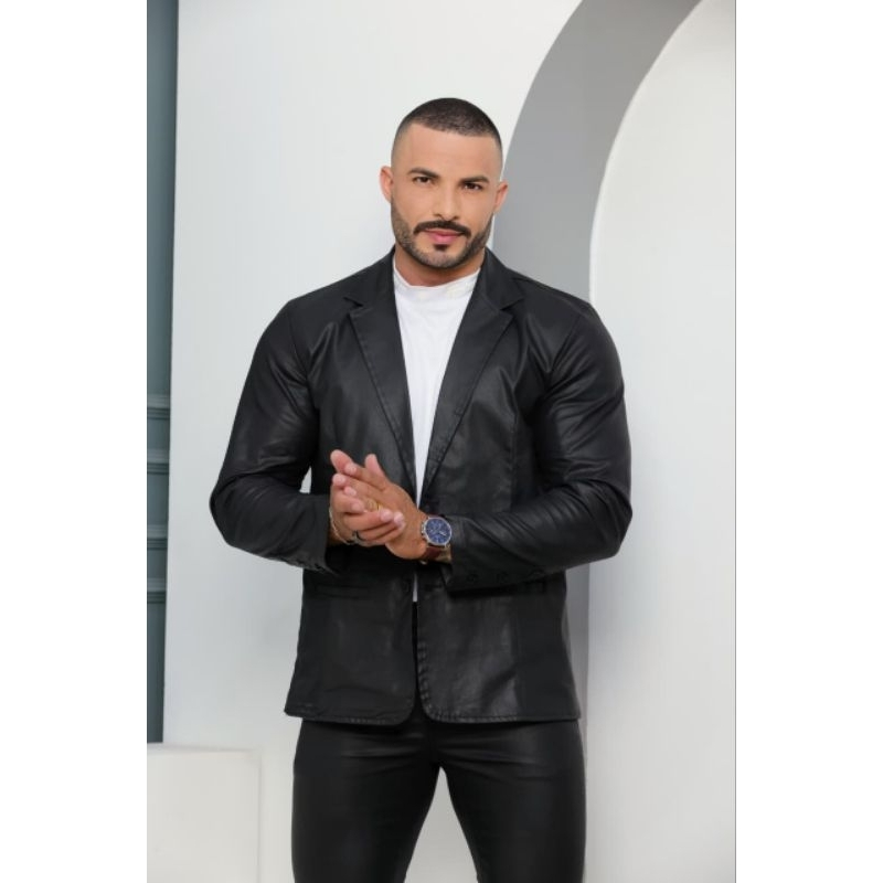 BLAZER MASCULINO PRETO ENCERADO RESINADO SLIM FIT COM ELASTANO