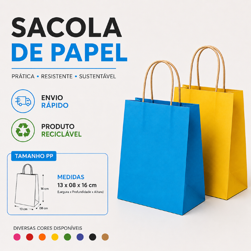 SACOLA DE PAPEL PP 13x08x16cm 10/20/30 unidades diversas cores ALÇA KRAFT