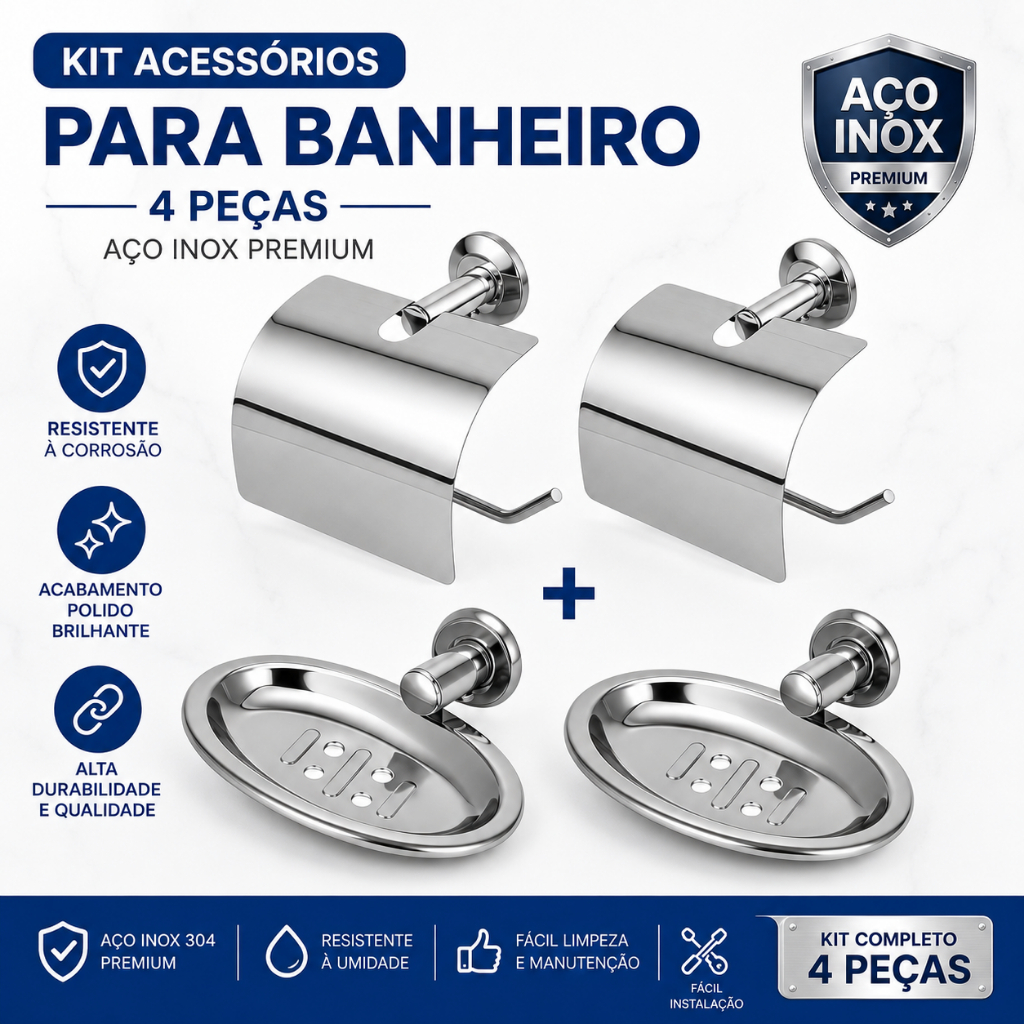 Kit Acessórios para banheiro 4 Peças com porta papel higienico, e saboneteira, porta sabonete em alumínio e inox