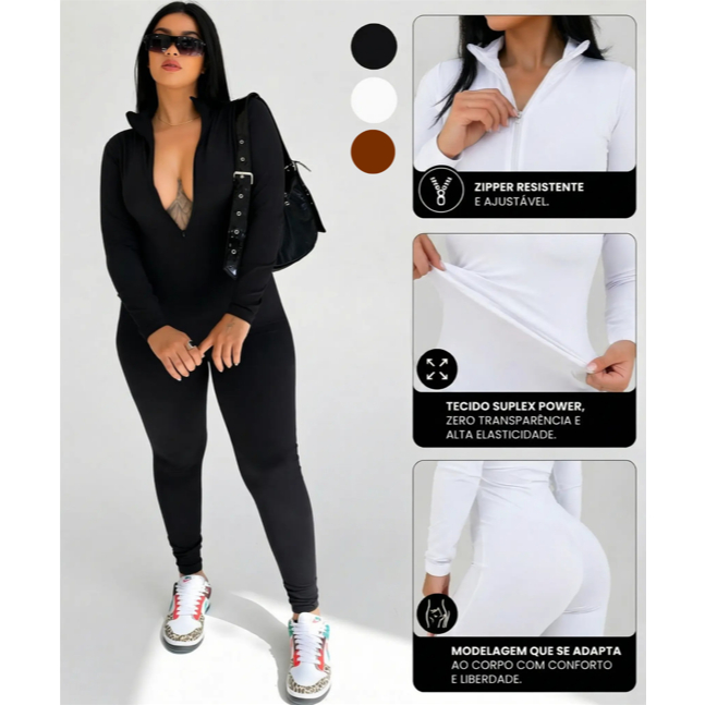 Macacão Feminino Longo Com Ziper Moda Gringa Balada Virginia Blogueira Suplex Gringo Fitnes Academia