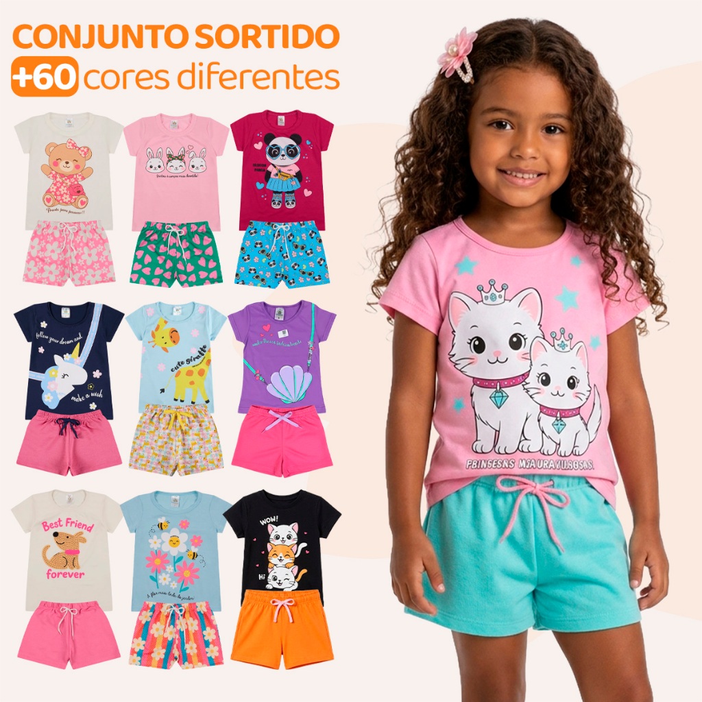 Kit 10 Peças de Roupas Infantil Menina - 5 Camisetas + 5 Bermudas