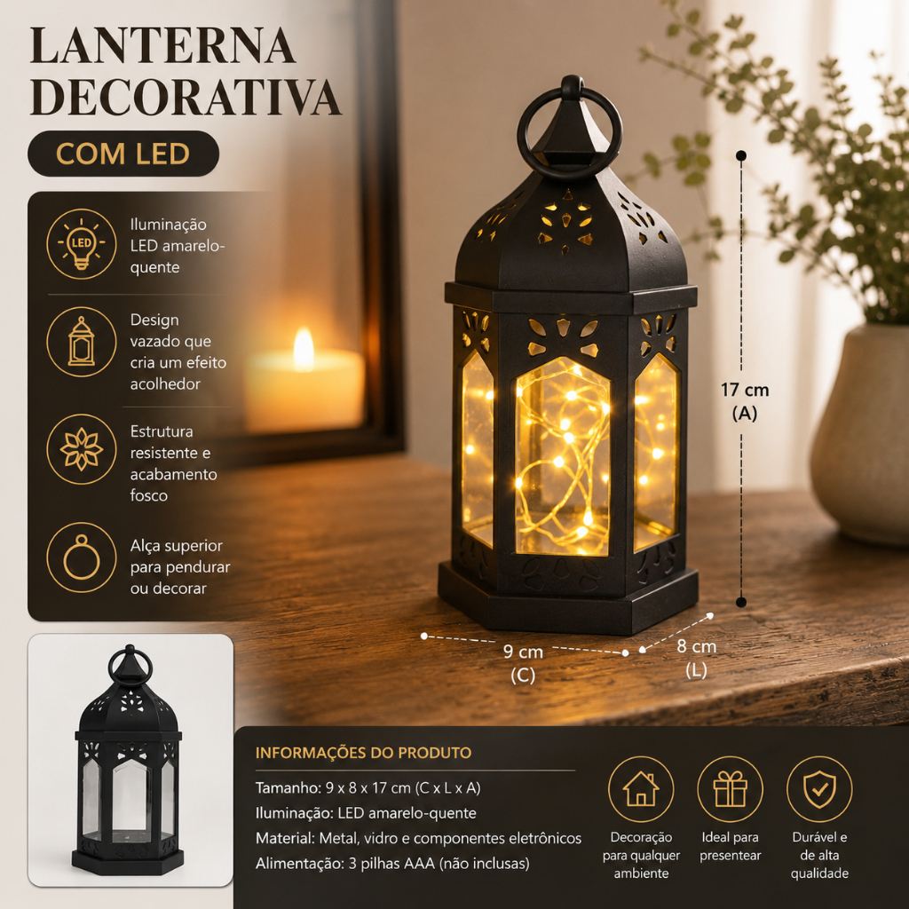 Lanterna Decorativa Marroquina LED 18cm Preta Luz Quente a Pilha para Ambientes — imagem 2 de 2